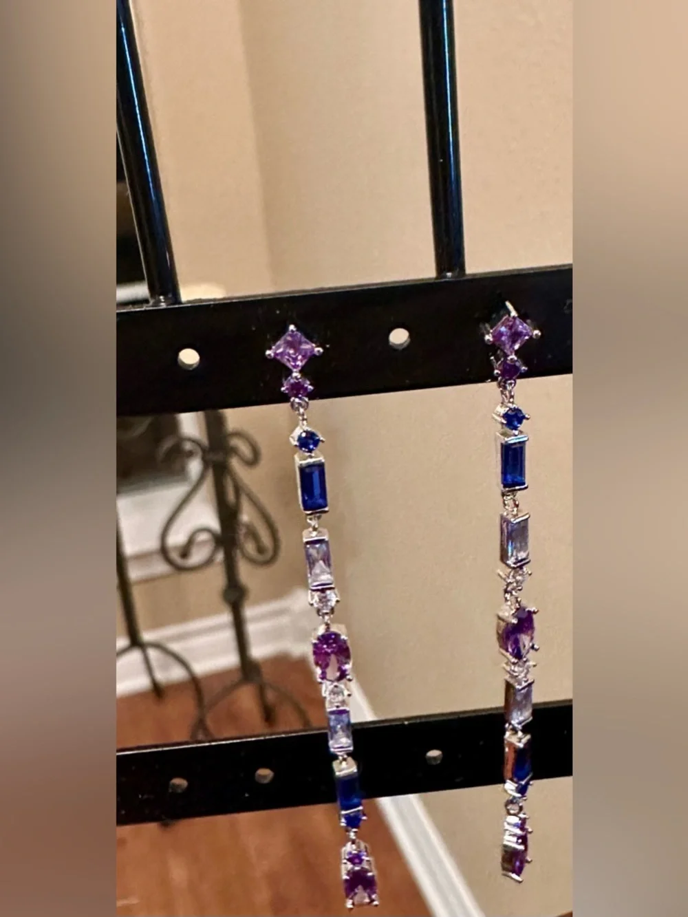 925 Sterling Silver Multicolor Stone Drop Earrings | Purple Blue Dangle-Long - Picture 5 of 5